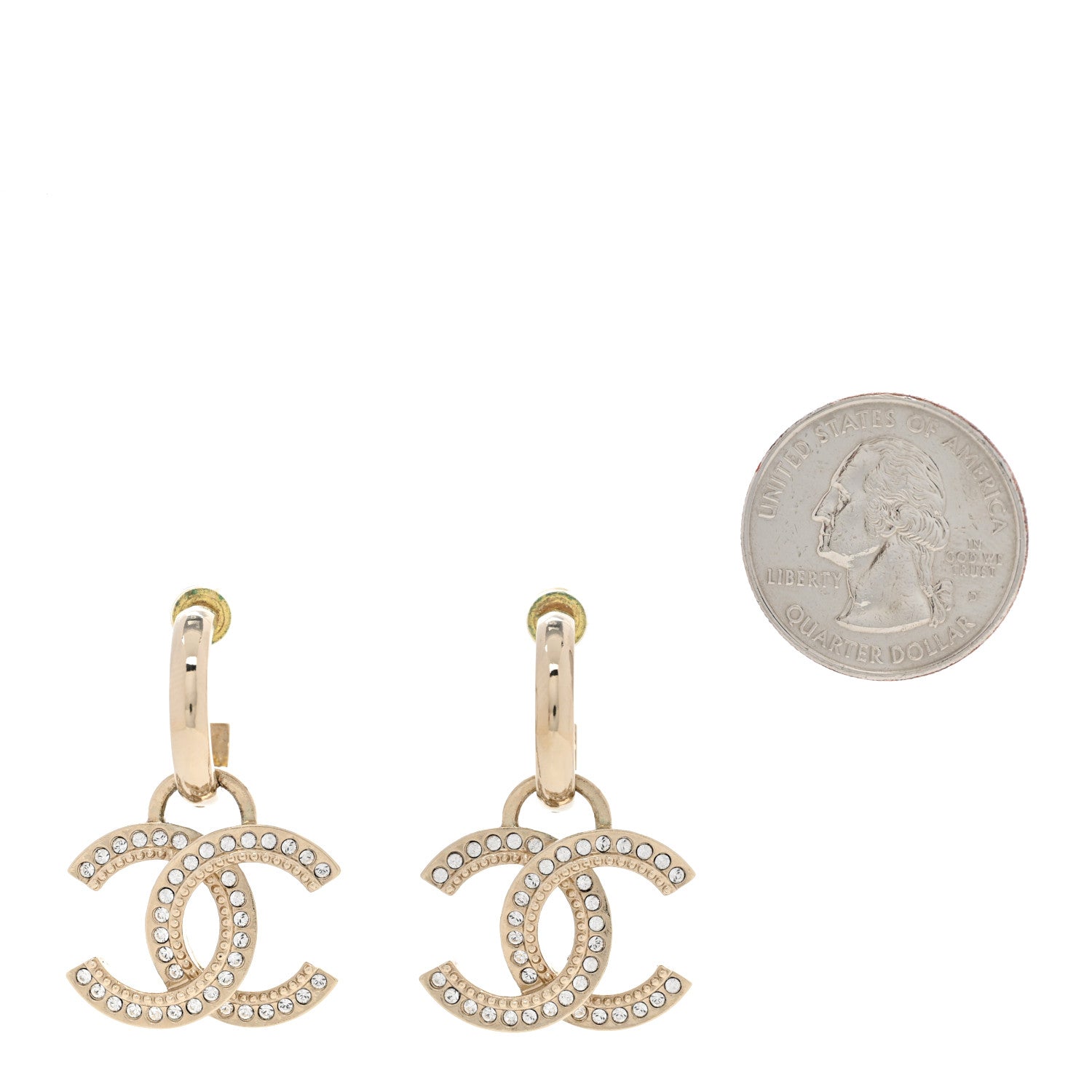 Chanel Metal Crystal Studded CC Hoop Drop Earrings Gold 2 of 4