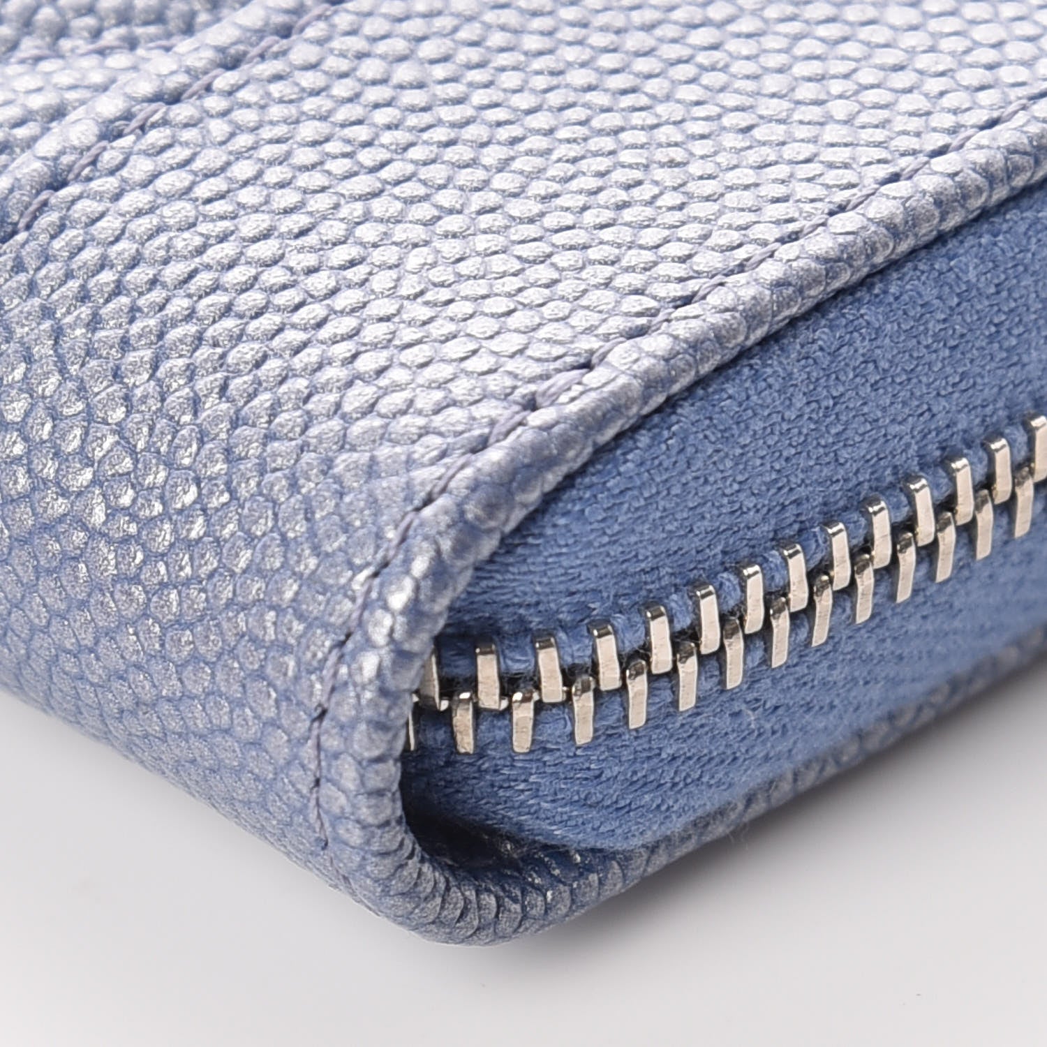 Chanel Metallic Caviar Chevron Quilted Vintage Mademoiselle Zip Coin Purse Light Blue 6 of 10