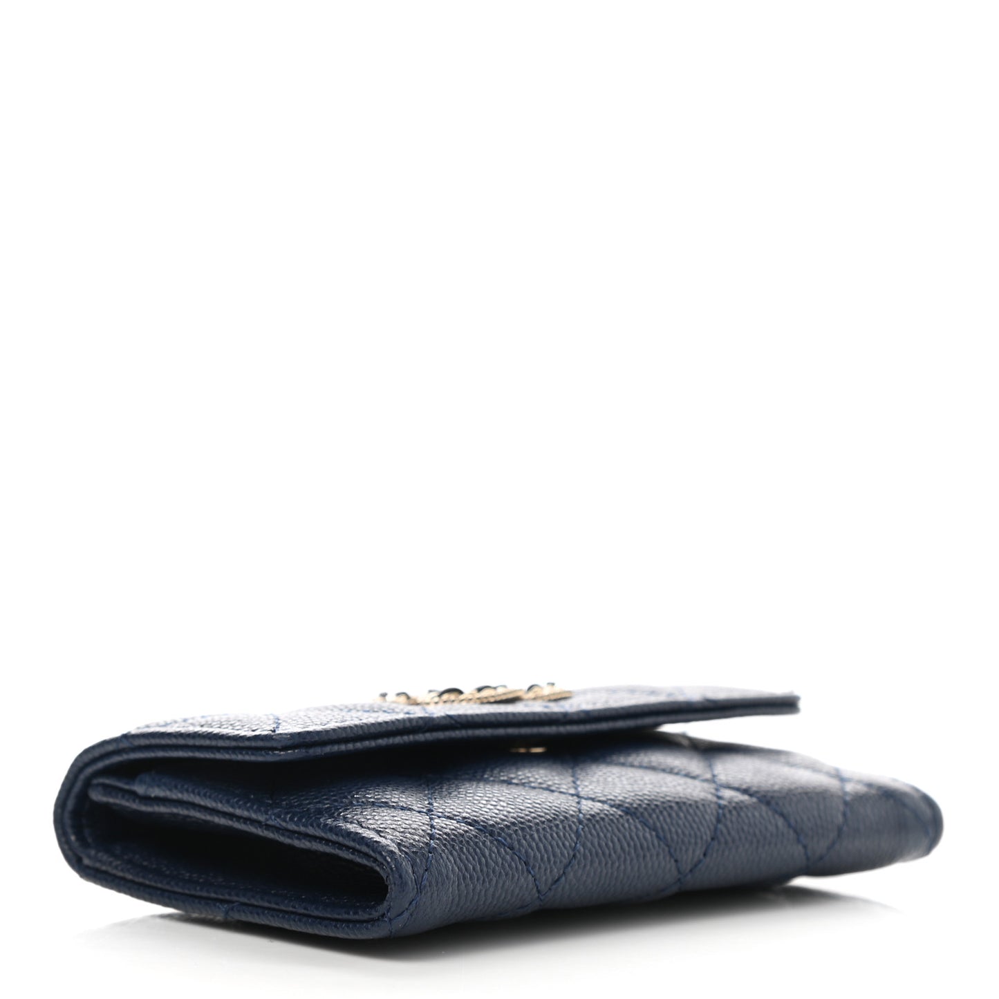 Caviar Quilted Crystal CC Flap Card Holder Navy Blue