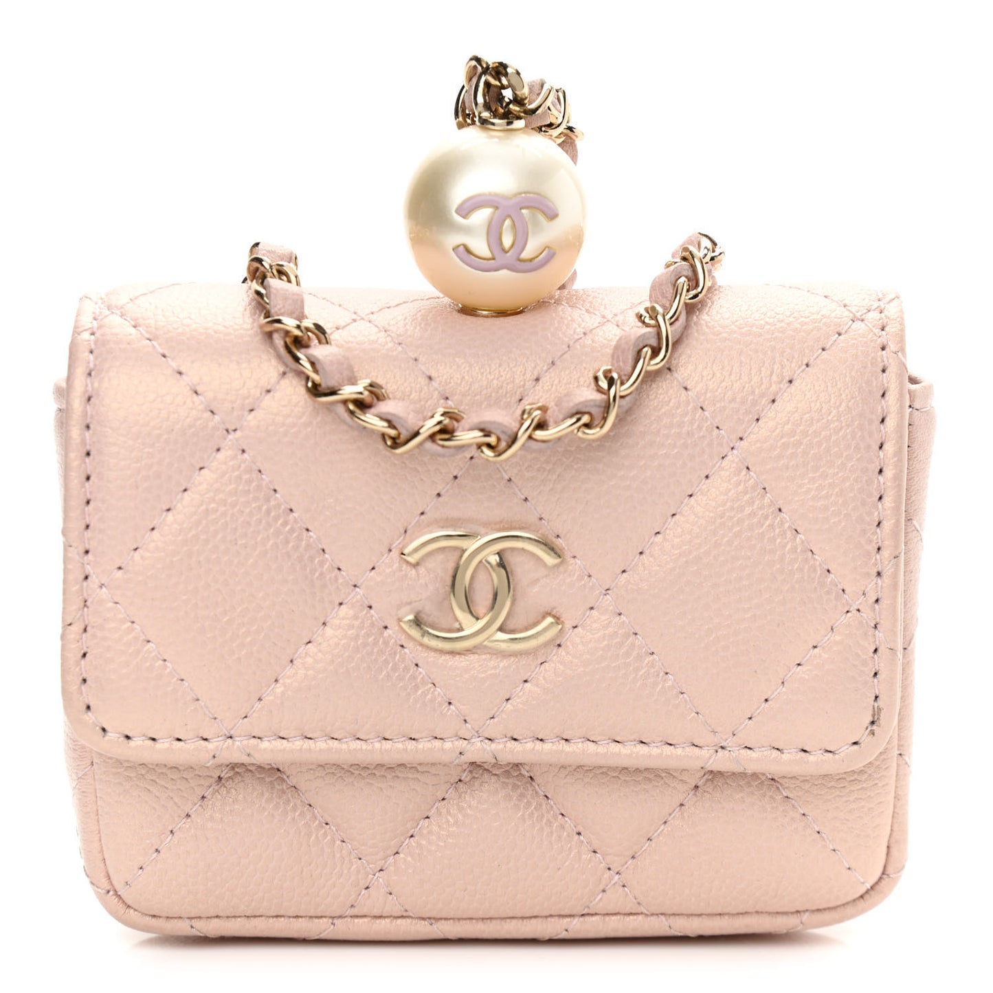 Iridescent Caviar Quilted Pearl On Top Coin Purse With Chain Light Pink