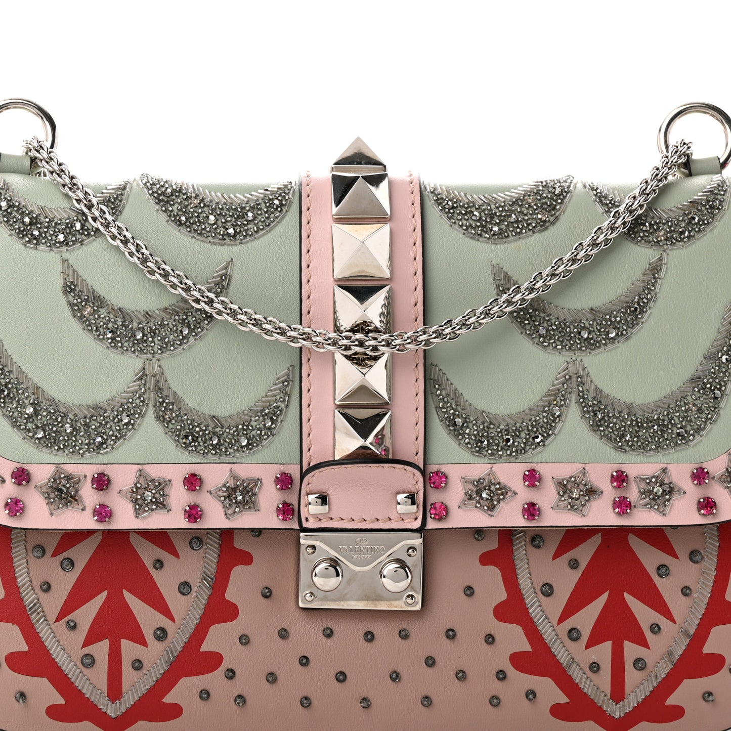 Vitello Crystal Embellished Medium Glam Lock Rockstud Flap Poudre