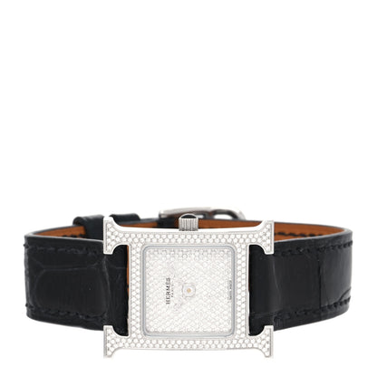 Hermes Stainless Steel Alligator Diamond Pave 21mm Heure H Quartz Watch Noir 2 of 5