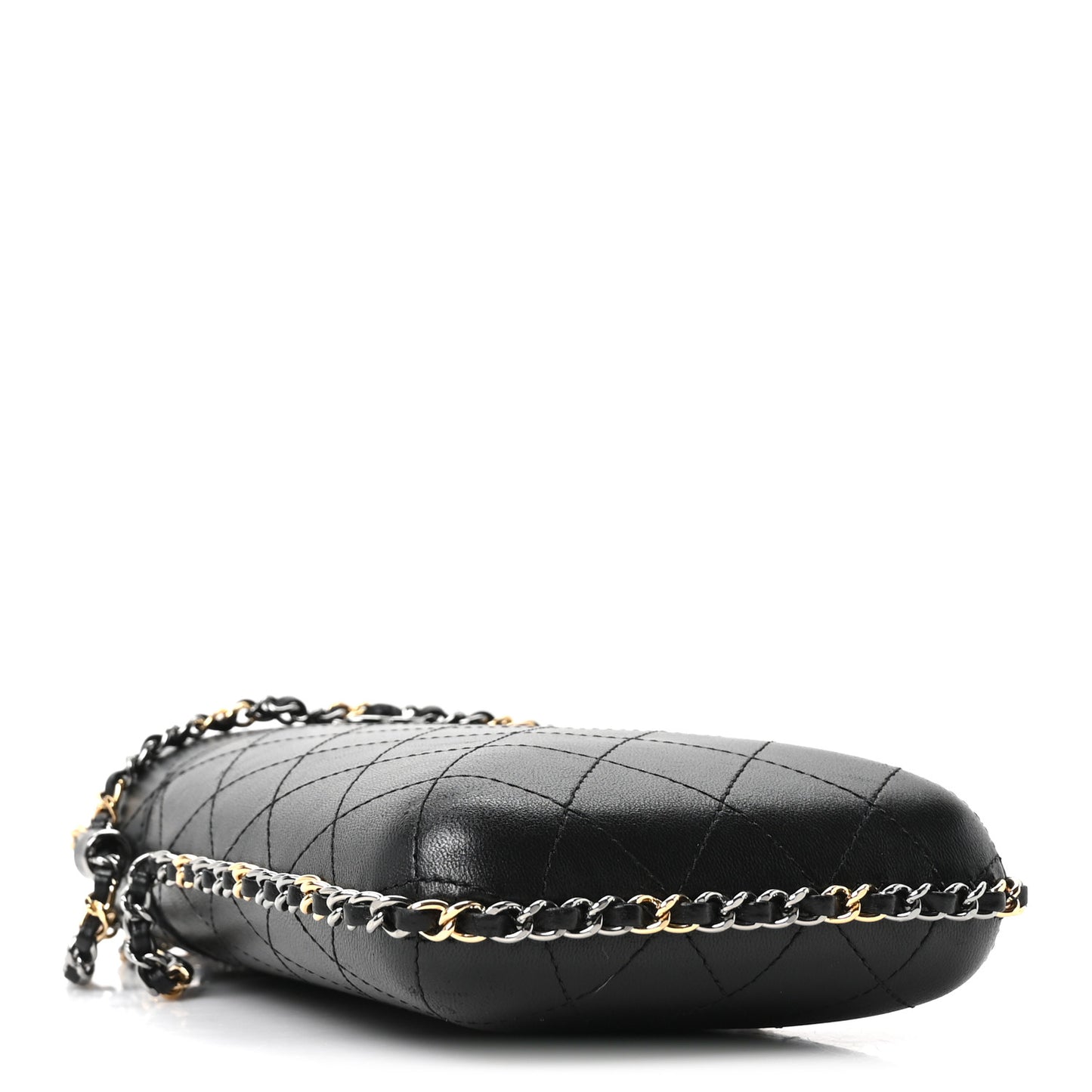 Lambskin Quilted Chain Around Phone Holder Black