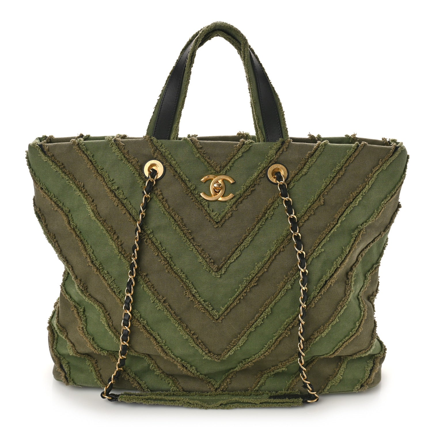 Chanel Canvas Chevron Cuba Patchwork Shopper Tote Khaki 1 of 9