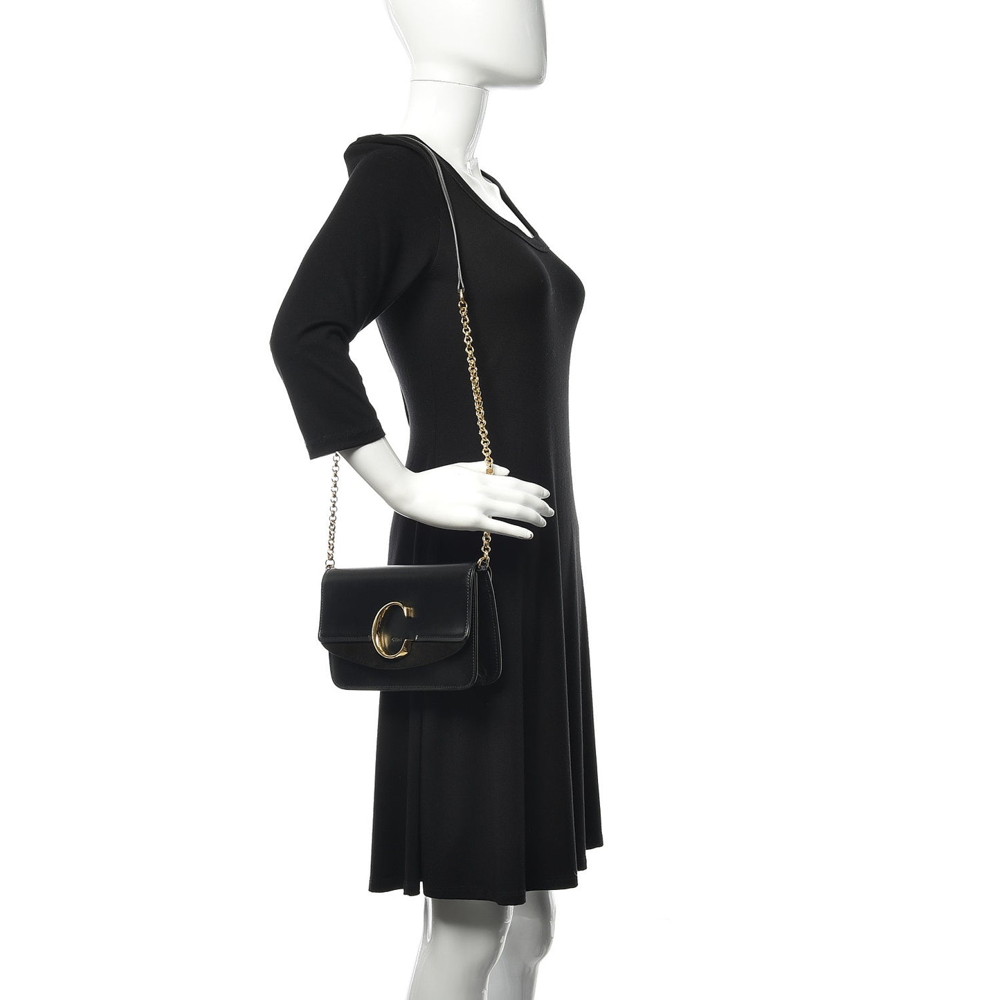Calfskin Suede C Clutch With Chain Black