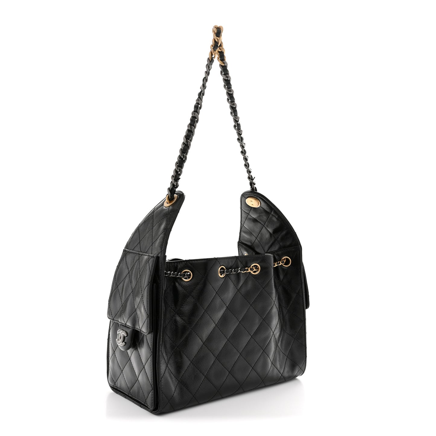 Shiny Crumpled Calfskin Quilted Small Chanel 25 Handbag Black