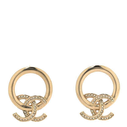 Chanel Metal Crystal CC Round Drop Earrings Gold 1 of 5