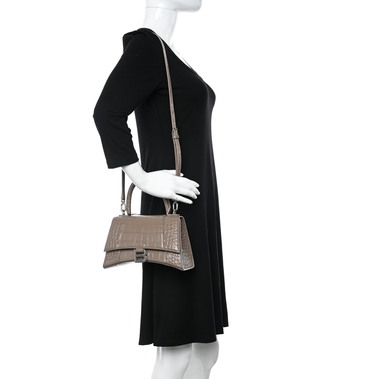 Shiny Calfskin Crocodile Embossed Small Hourglass Top Handle Bag Mink Grey
