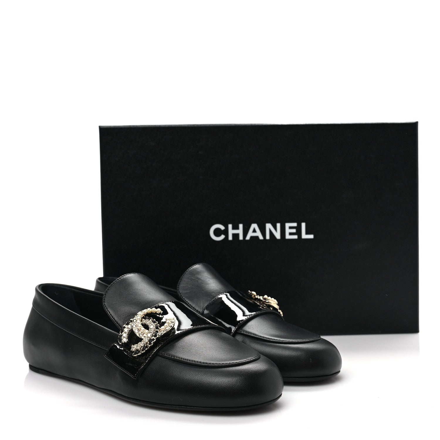Chanel Patent Calfskin Lambskin Crystal CC Loafers 37.5 Black 9 of 9