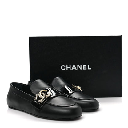 Chanel Patent Calfskin Lambskin Crystal CC Loafers 37.5 Black 9 of 9