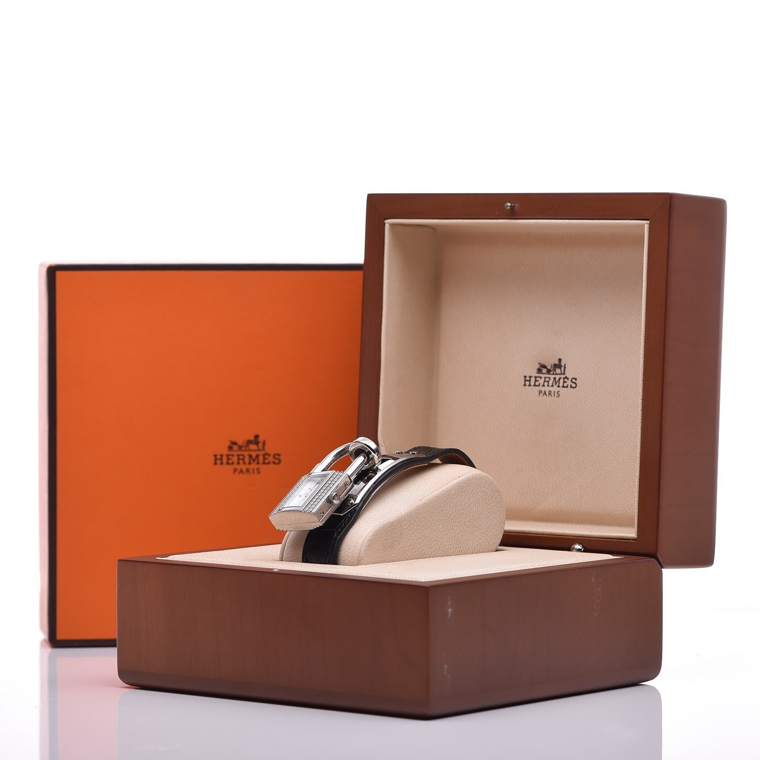 Hermes Stainless Steel Alligator Diamond Mother of Pearl 20mm Kelly Cadena Quartz Watch Noir 8 of 16