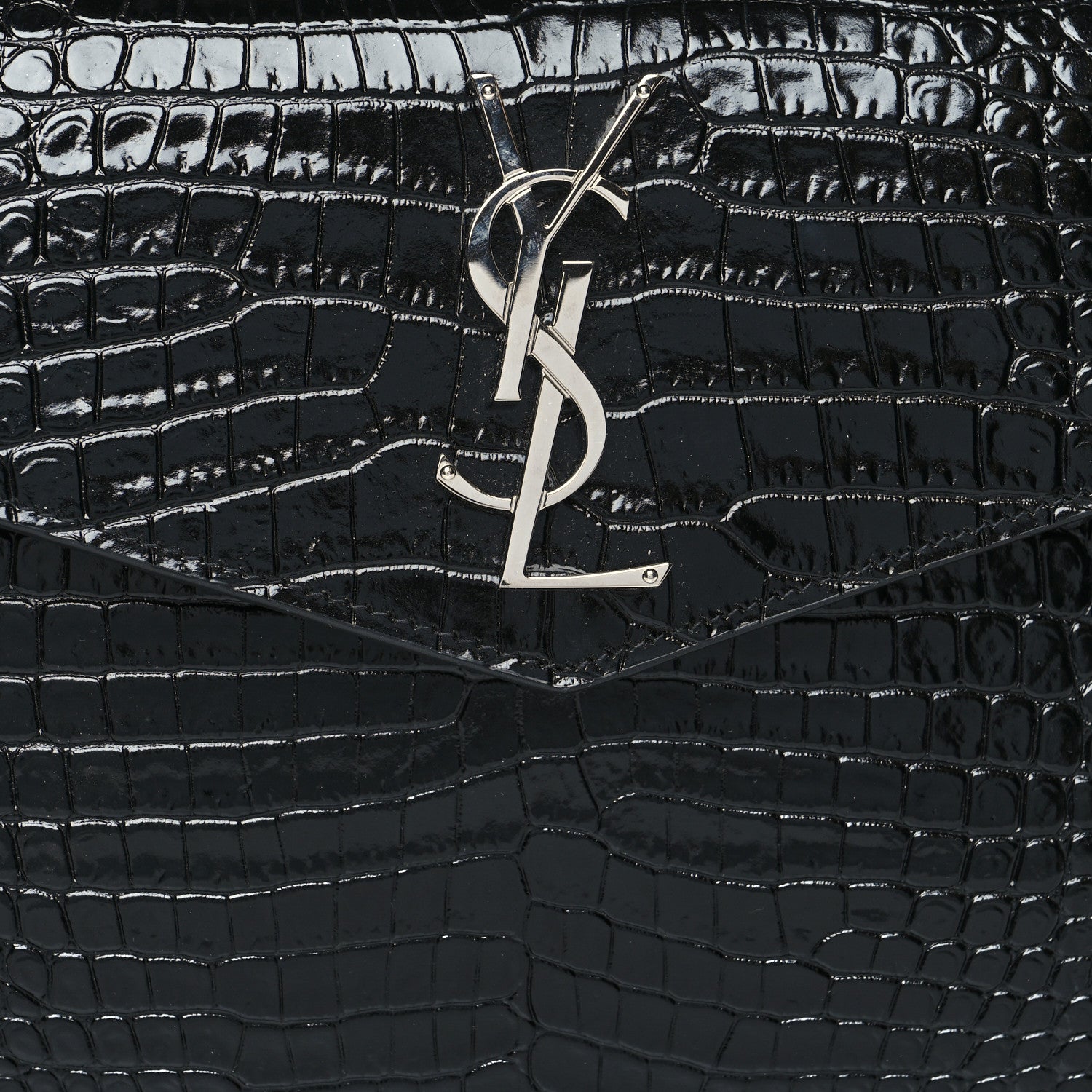 Saint Laurent Calfskin Crocodile Embossed Uptown Monogram Pouch Black 8 of 10