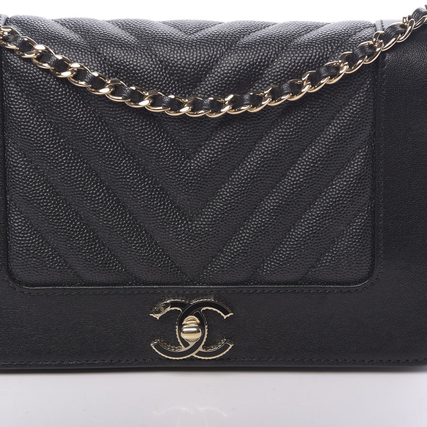 Caviar Sheepskin Chevron Quilted Vintage Mademoiselle Wallet On Chain WOC Black