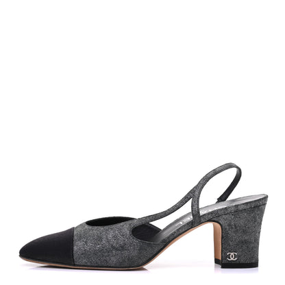 Chanel Wool Velvet Cap Toe CC Slingback Pumps 39.5 Black Grey 1 of 11
