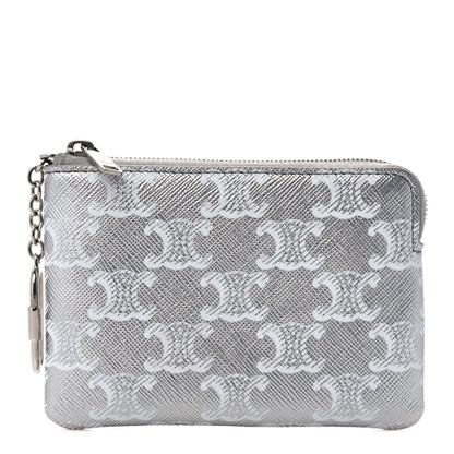 Celine Triomphe Canvas Coin and Card Pouch Silver White 1 of 7