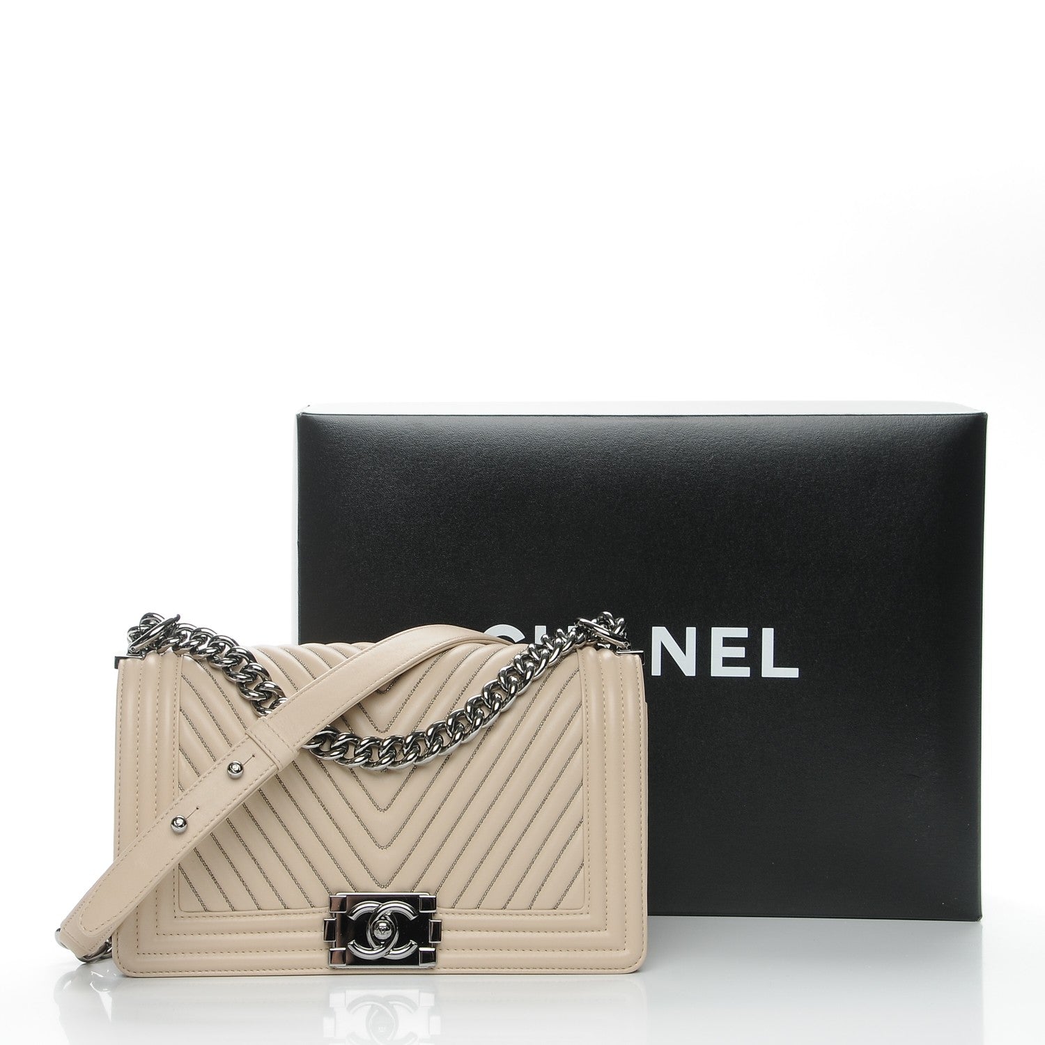 Chanel Calfskin Chevron Chain Medium Boy Flap Beige 8 of 8