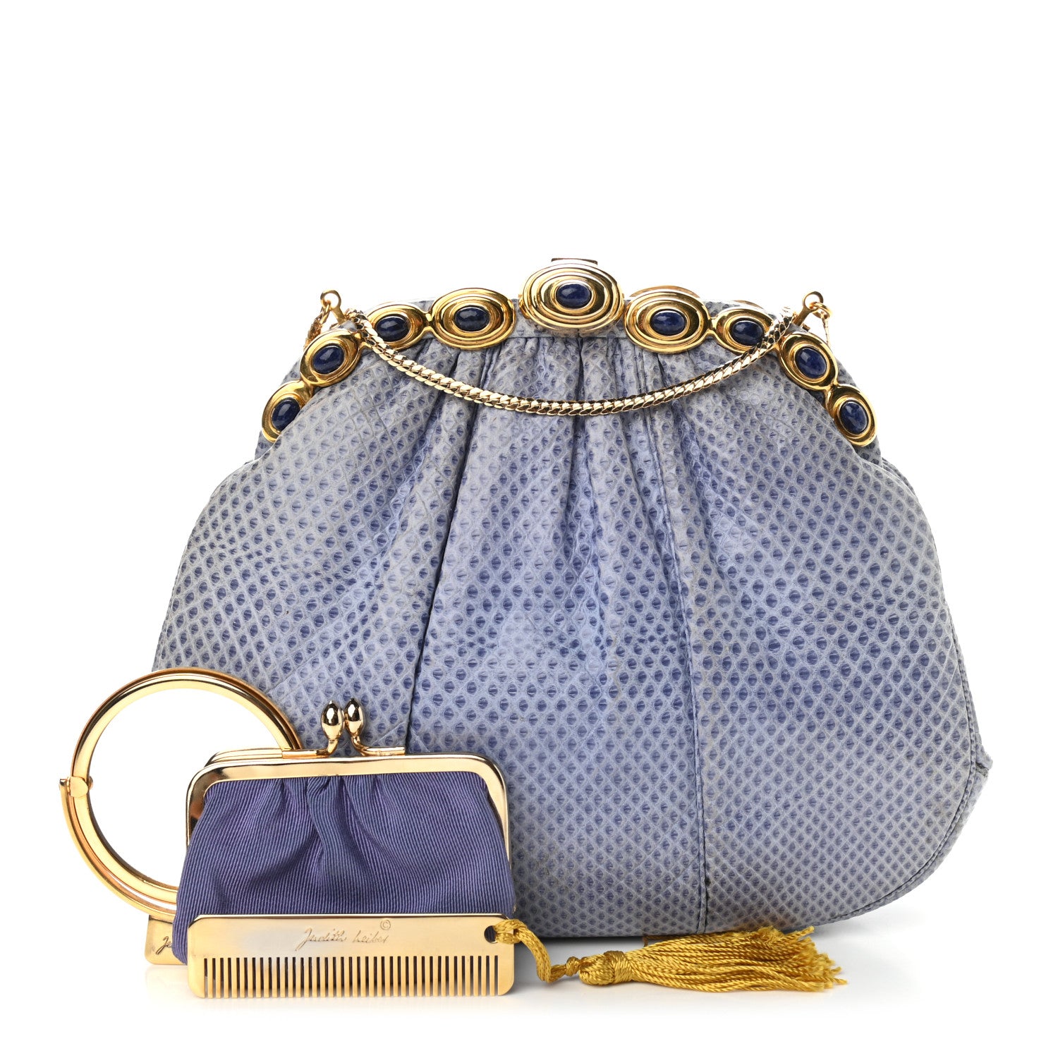 Judith Leiber Lizard Embossed Pleated Evening Bag Blue Grey Gold 1 of 8