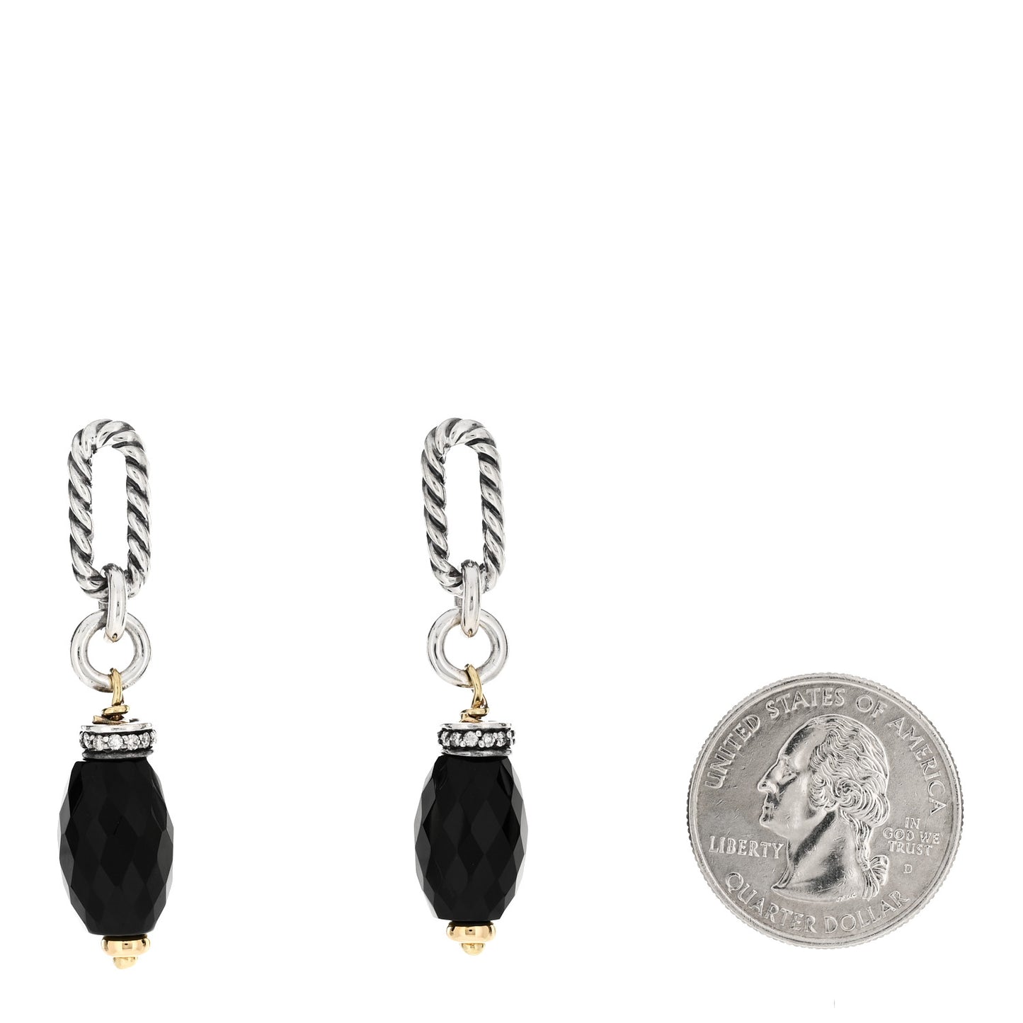 Sterling Silver 18K Yellow Gold Diamond Onyx Figaro Drop Earrings