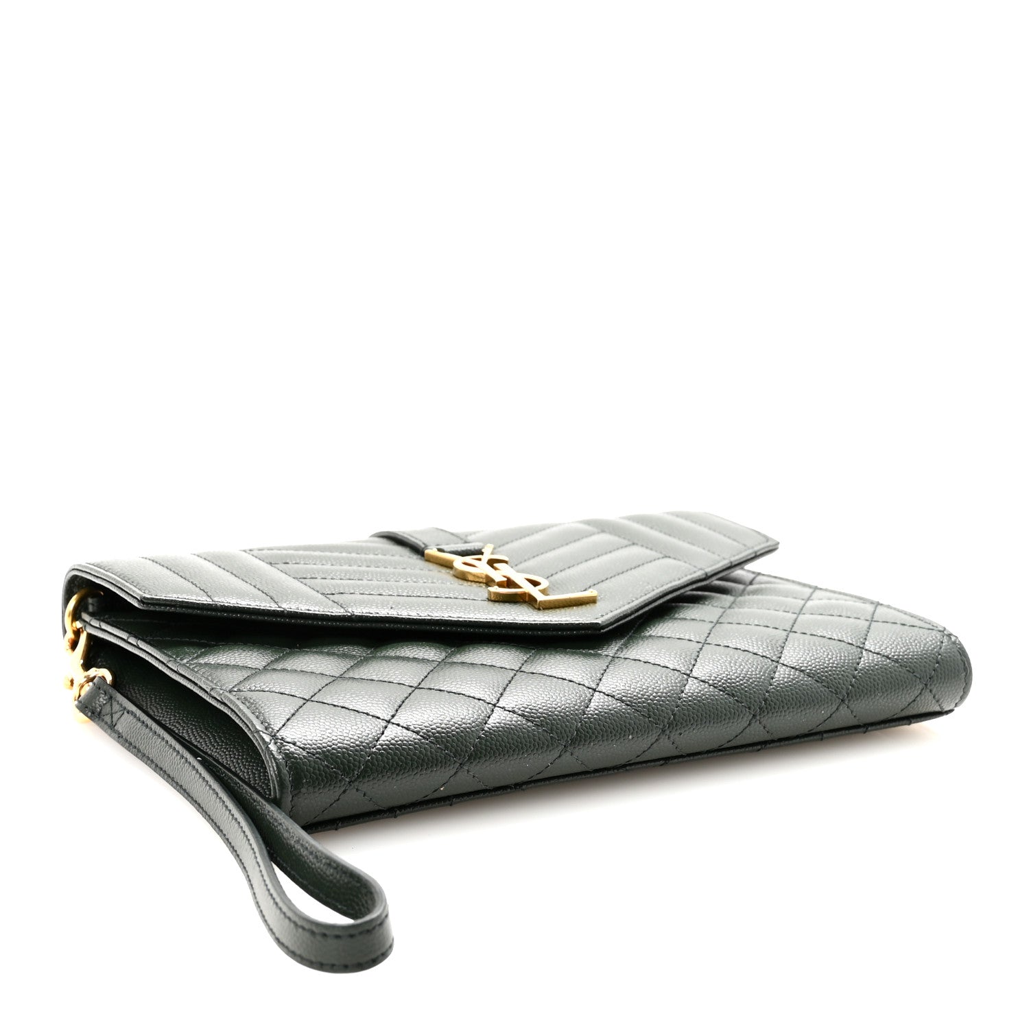 Saint Laurent Grain De Poudre Textured Mixed Matelasse Triquilt Monogram Clutch Dark Green 4 of 7