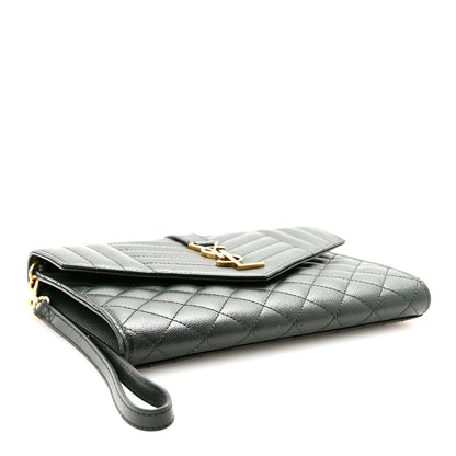 Saint Laurent Grain De Poudre Textured Mixed Matelasse Triquilt Monogram Clutch Dark Green 4 of 7