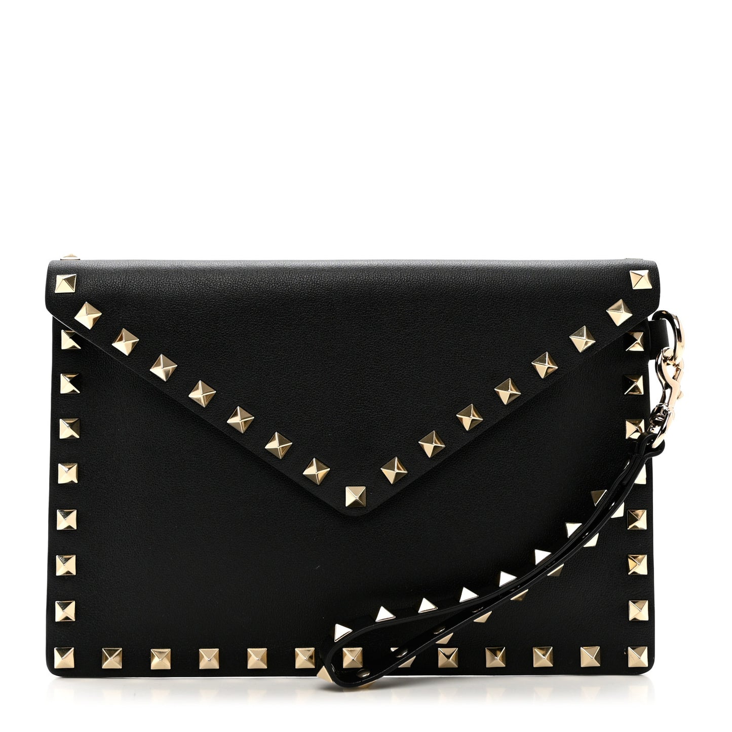 Vitello Medium Rockstud Envelope Flat Wristlet Pouch Black