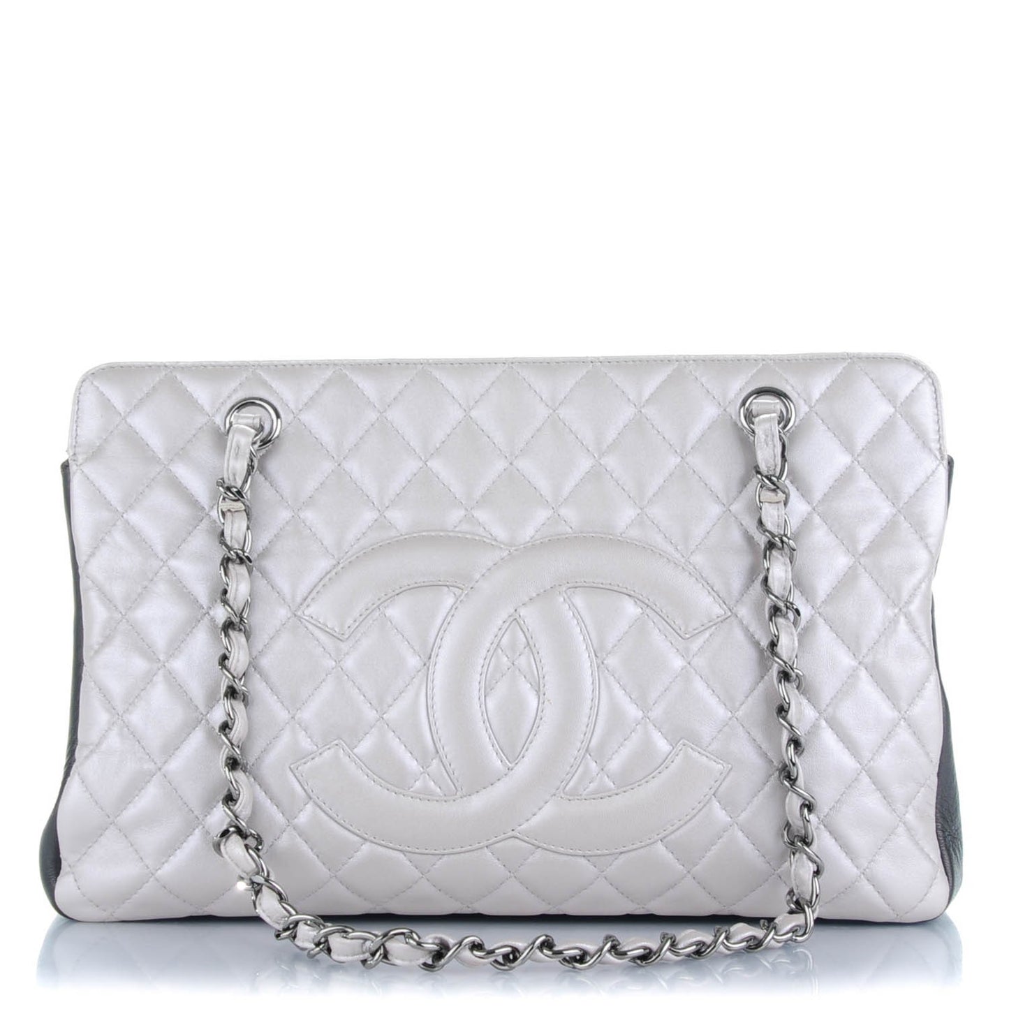 Metallic Calfskin Quilted Mademoiselle Tote Silver Black
