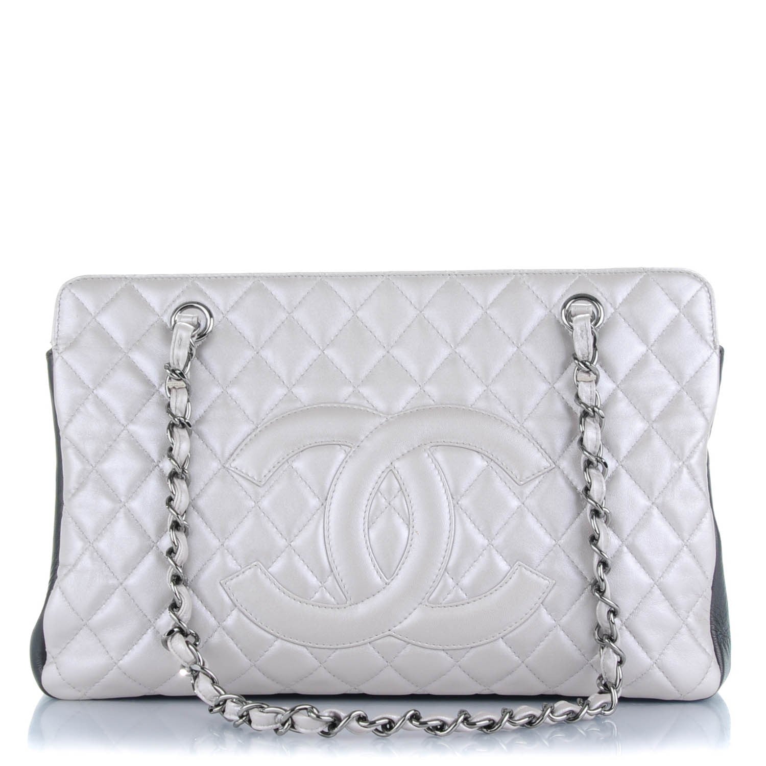 Chanel Metallic Calfskin Quilted Mademoiselle Tote Silver Black 1 of 7