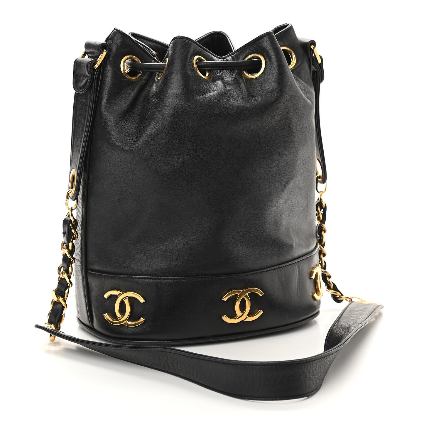 Lambskin CC Drawstring Shoulder Bag Black