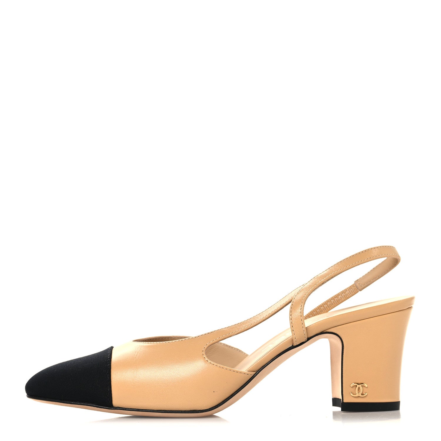 Chanel Goatskin Grosgrain Cap Toe CC Slingback Pumps 37 Beige Black 1 of 10