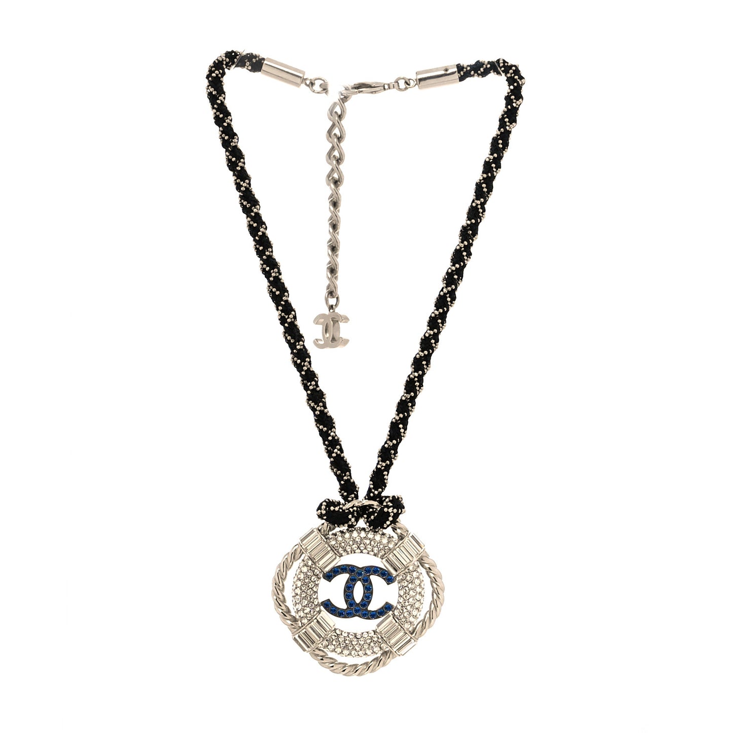 Crystal CC Lifesaver Rope Pendant Necklace Silver Blue