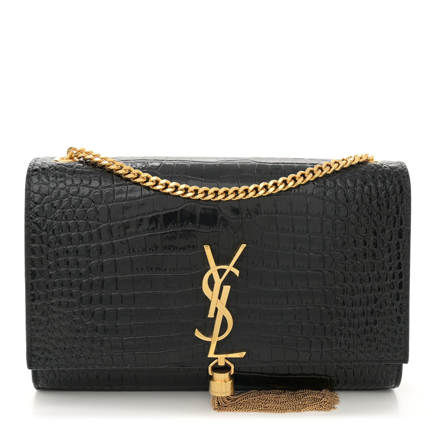 Calfskin Crocodile Embossed Medium Classic Monogram Kate Tassel Satchel Black