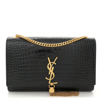 Saint Laurent Calfskin Crocodile Embossed Medium Classic Monogram Kate Tassel Satchel Black 1 of 11