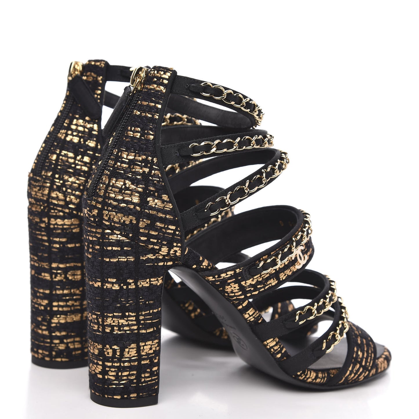 Metallic Tweed Gladiator Chain Sandals 39.5 Black Gold