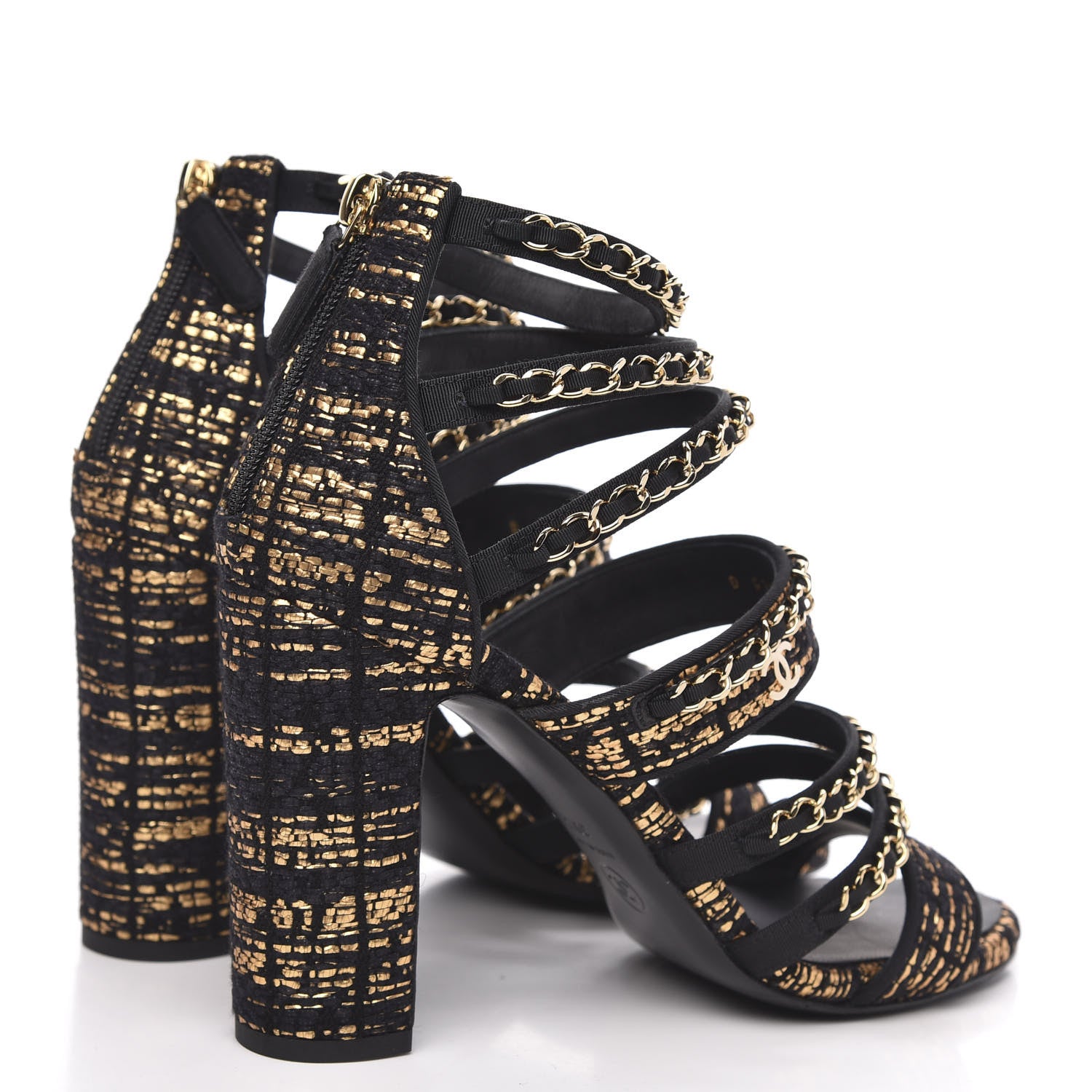 Chanel Metallic Tweed Gladiator Chain Sandals 39.5 Black Gold 4 of 9