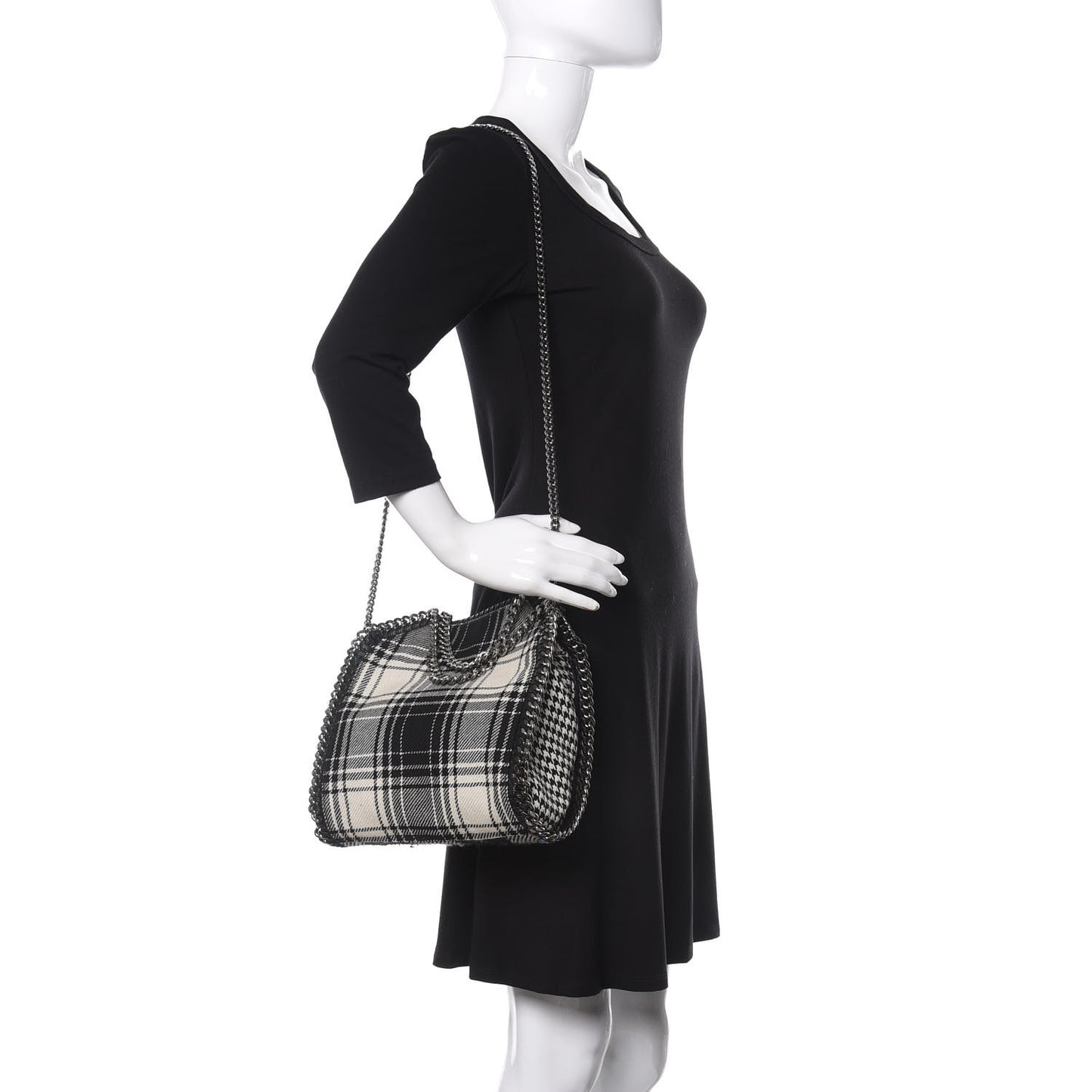 Wool Plaid Mini Falabella Fold Over Tote Black White