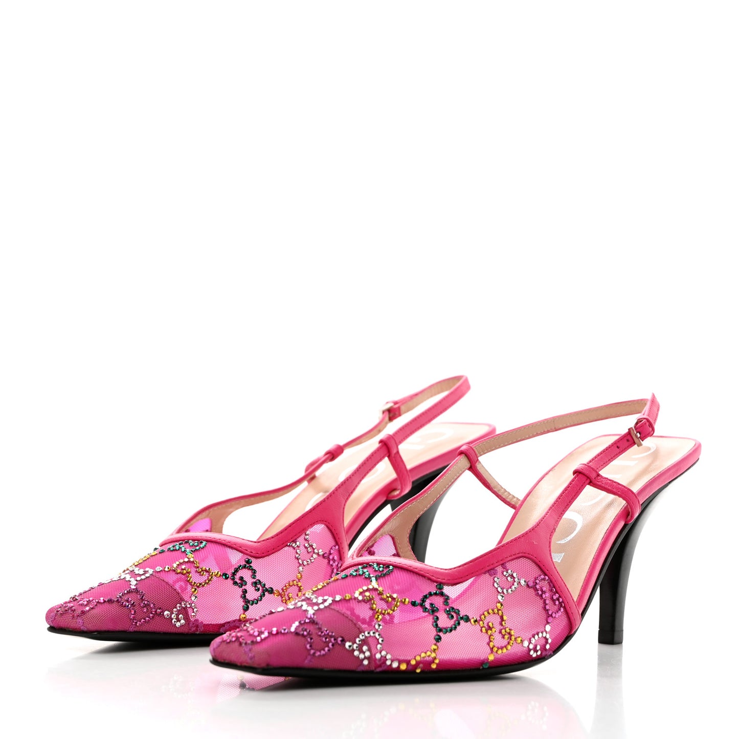 Tela Retino Nappa Charlotte Crystal GG Monogram Square G 75mm Slingback Pumps 38.5 Bright Bouganville Fairy Fucsia