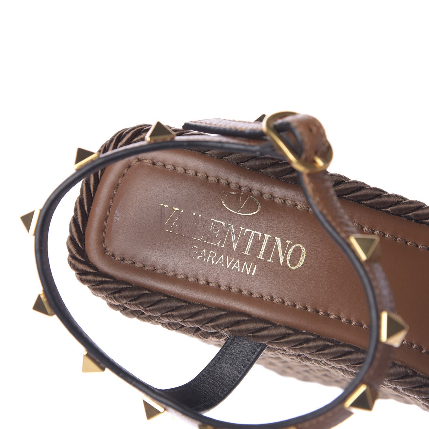 Calfskin Rockstud Torchon Espadrille 25/115mm Wedge Sandals 38 Cuoio