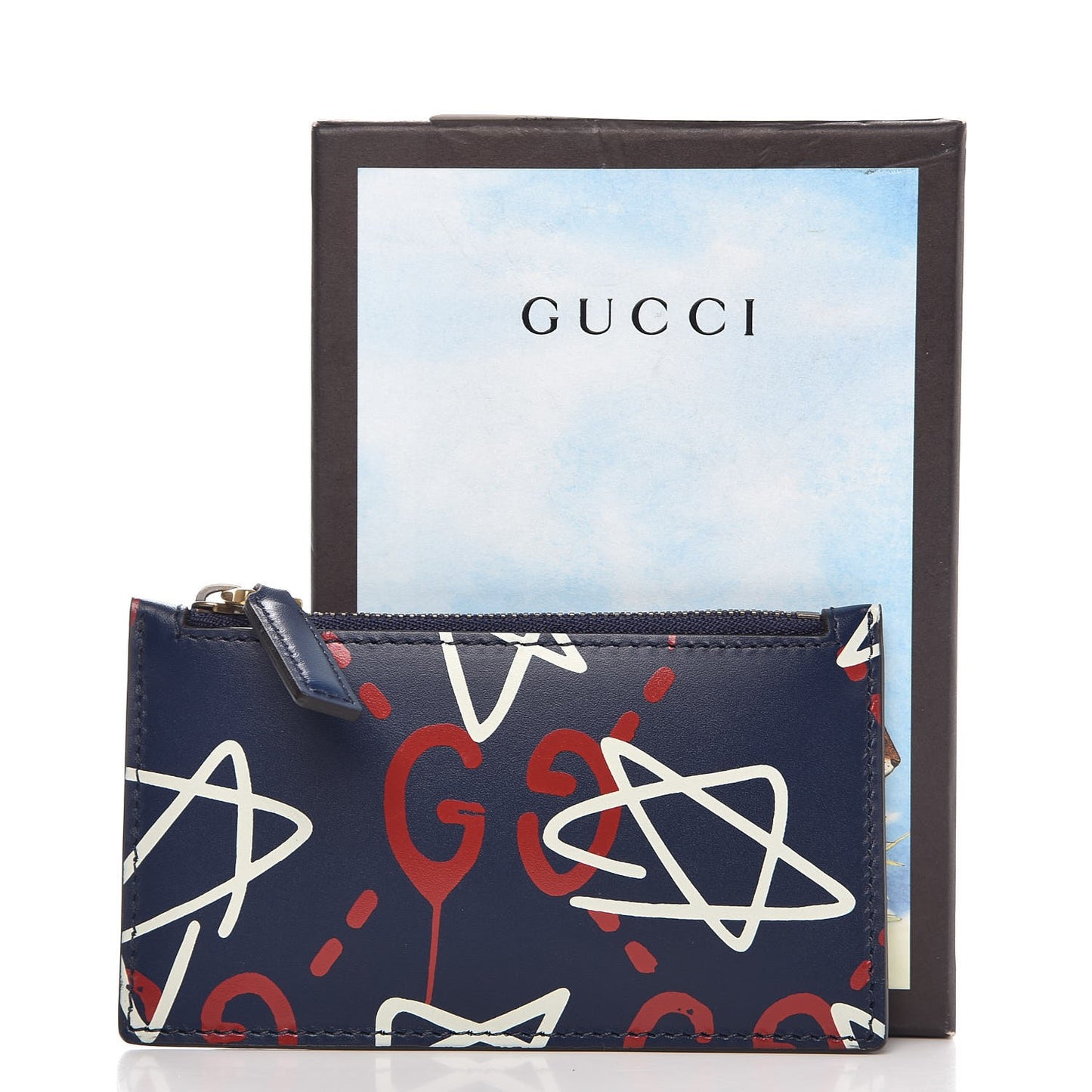 Calfskin GucciGhost Coin Case Card Holder Blue Agata Hibiscus Red