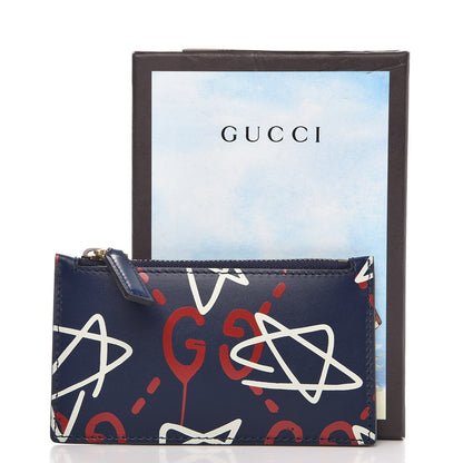 Gucci Calfskin GucciGhost Coin Case Card Holder Blue Agata Hibiscus Red 9 of 9