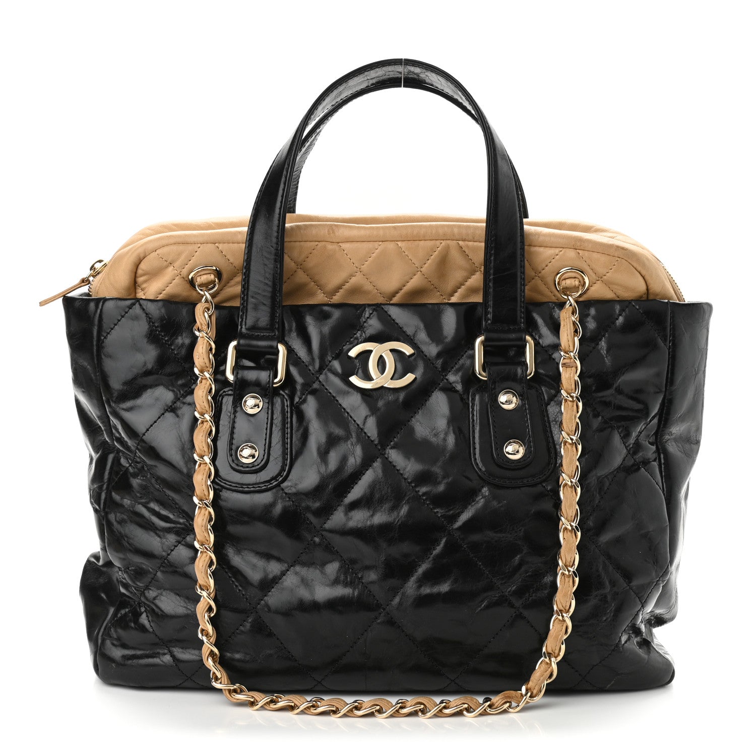 Chanel Glazed Calfskin Lambskin Portobello Tote Black Beige 1 of 14