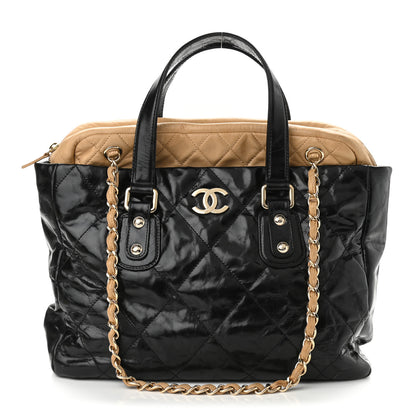 Chanel Glazed Calfskin Lambskin Portobello Tote Black Beige 1 of 14