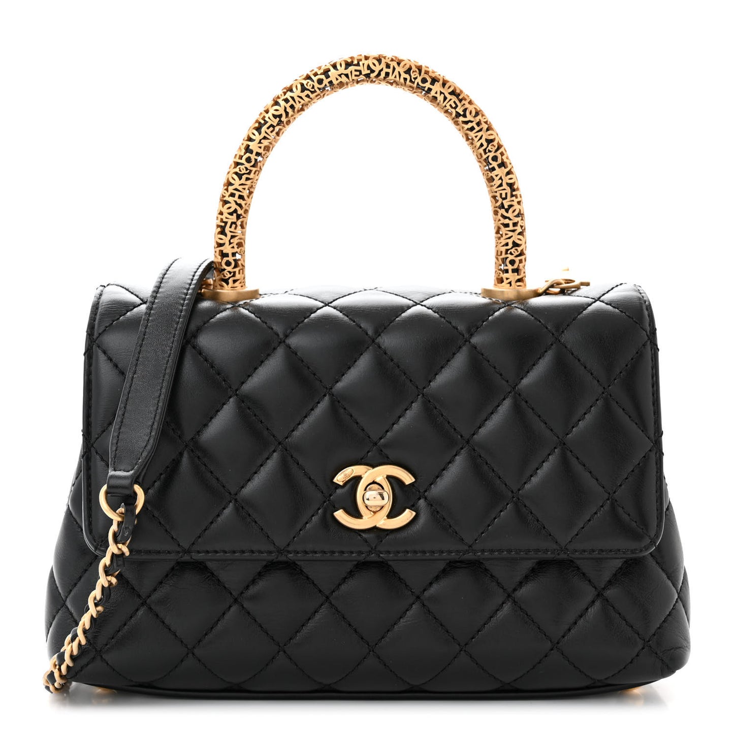 Calfskin Quilted Mini Logo Coco Handle Flap Black