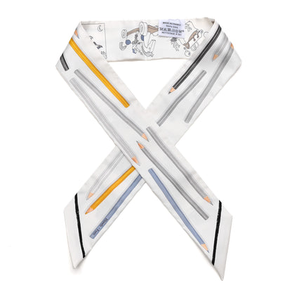 Hermes Silk A Vos Crayons Twilly White Gris Bleu Jean 1 of 4