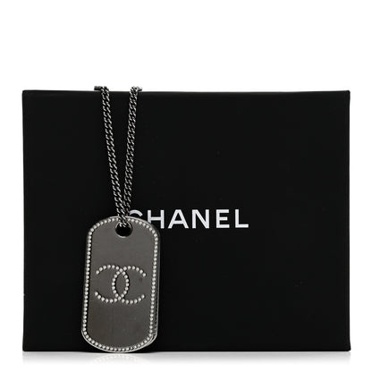 Chanel Metal Crystal Ruthenium Dog Tag Charm Necklace Black 6 of 6