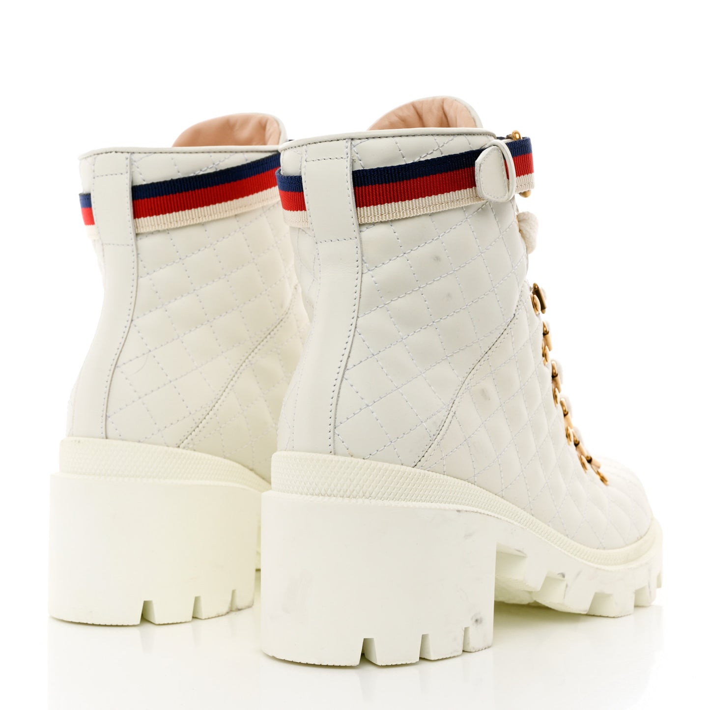 Calfskin Quilted Sylvie Web Lace Up Combat Ankle Boots 38.5 White