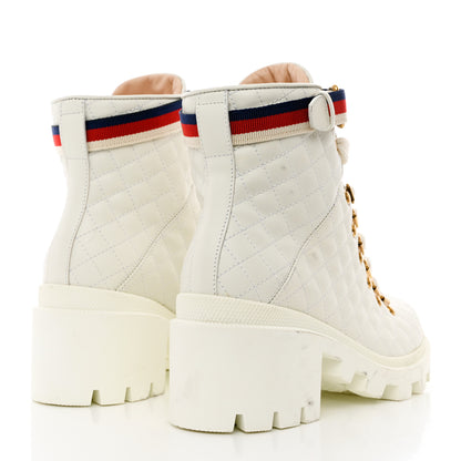 Gucci Calfskin Quilted Sylvie Web Lace Up Combat Ankle Boots 38.5 White 4 of 12