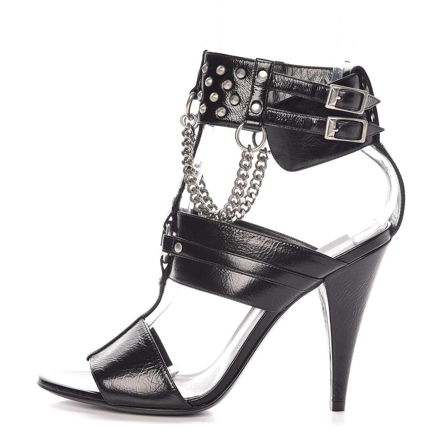 Shiny Calfskin Multi-Studded Strap Fetish Ankle Sandals 36.5 Black