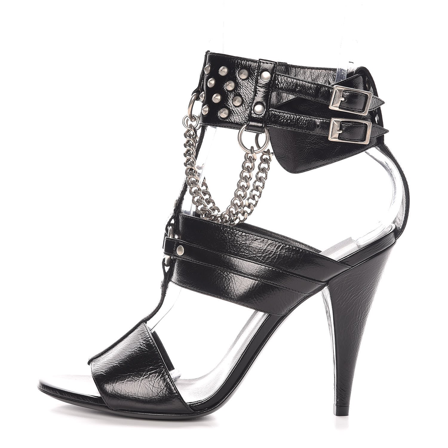 Saint Laurent Shiny Calfskin Multi-Studded Strap Fetish Ankle Sandals 36.5 Black 1 of 9