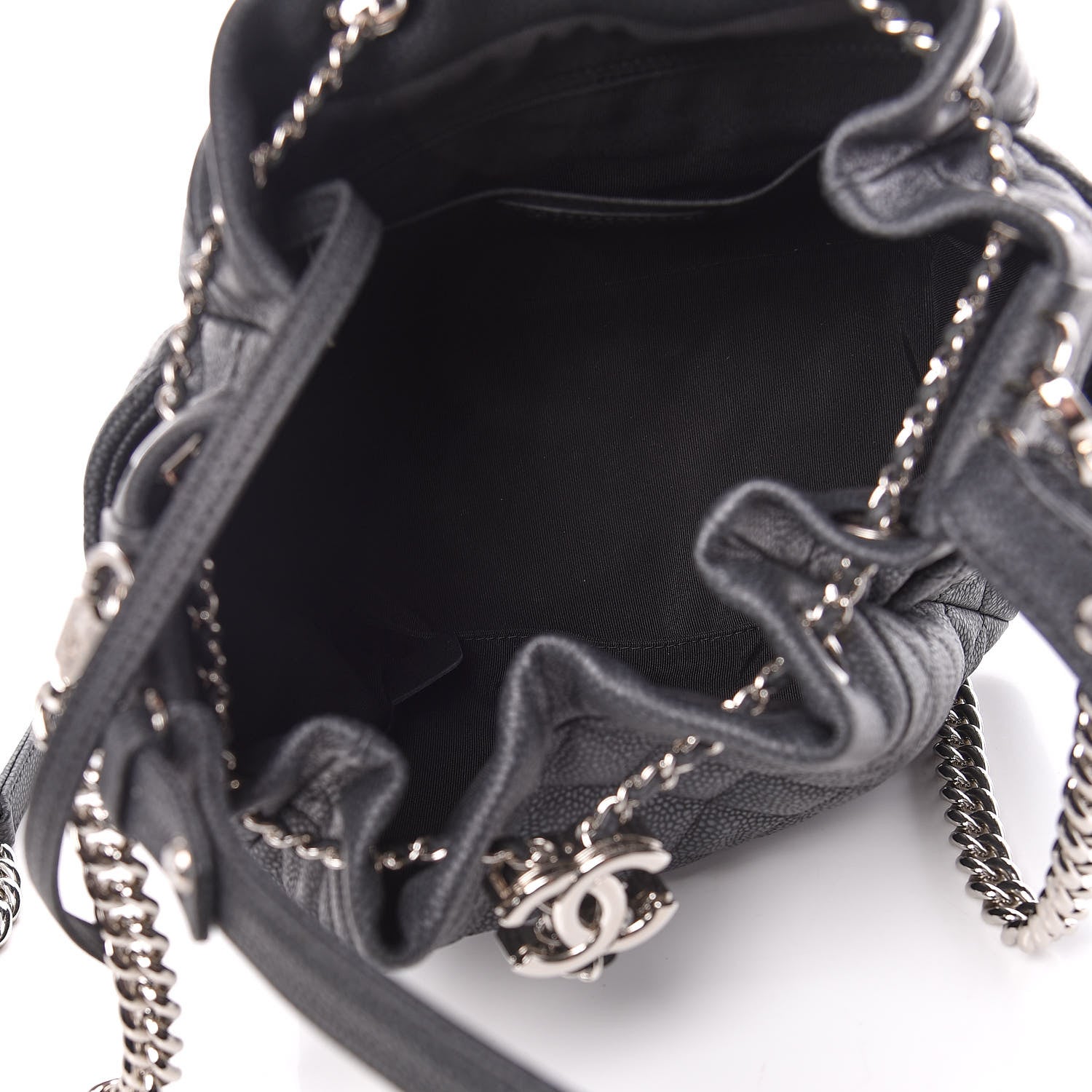 Chanel Caviar Flat Quilted CC Chain Bucket Drawstring Bag Black 5 of 9