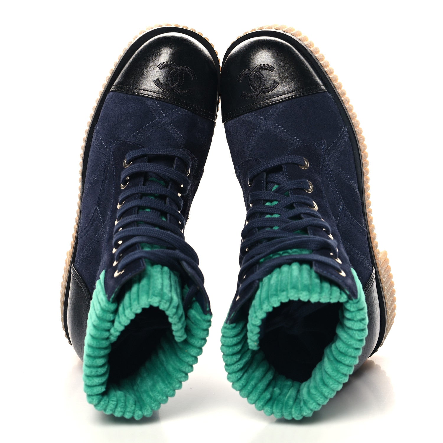 Chanel Suede Calfskin Velvet Quilted CC Combat Boots 37 Navy Green Black 2 of 9